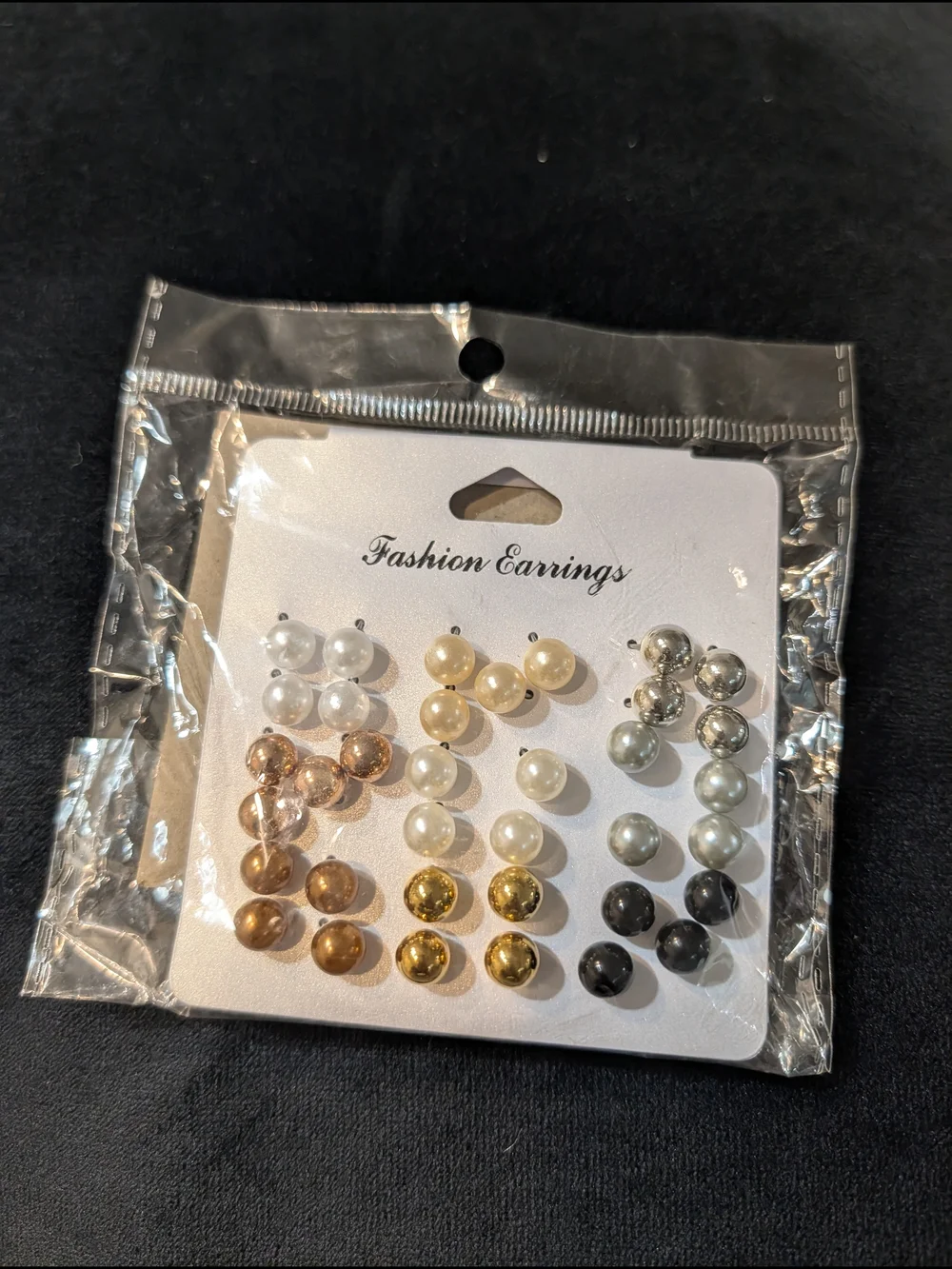 9 Pair Pearl and Metallic Stud Set - White, Gold, Rose Gold, Silver, Black
